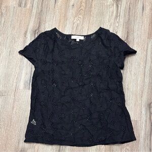 Loft Sheer Floral Embroidered Short Sleeve Blouse Black Size Medium